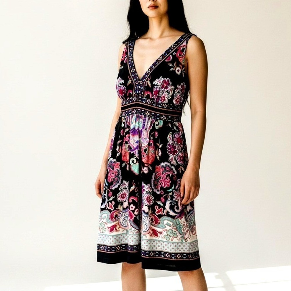 I.C.E. Womens Paisley Floral Empire Waist V-Neck Mini Dress Black Pink Size 8